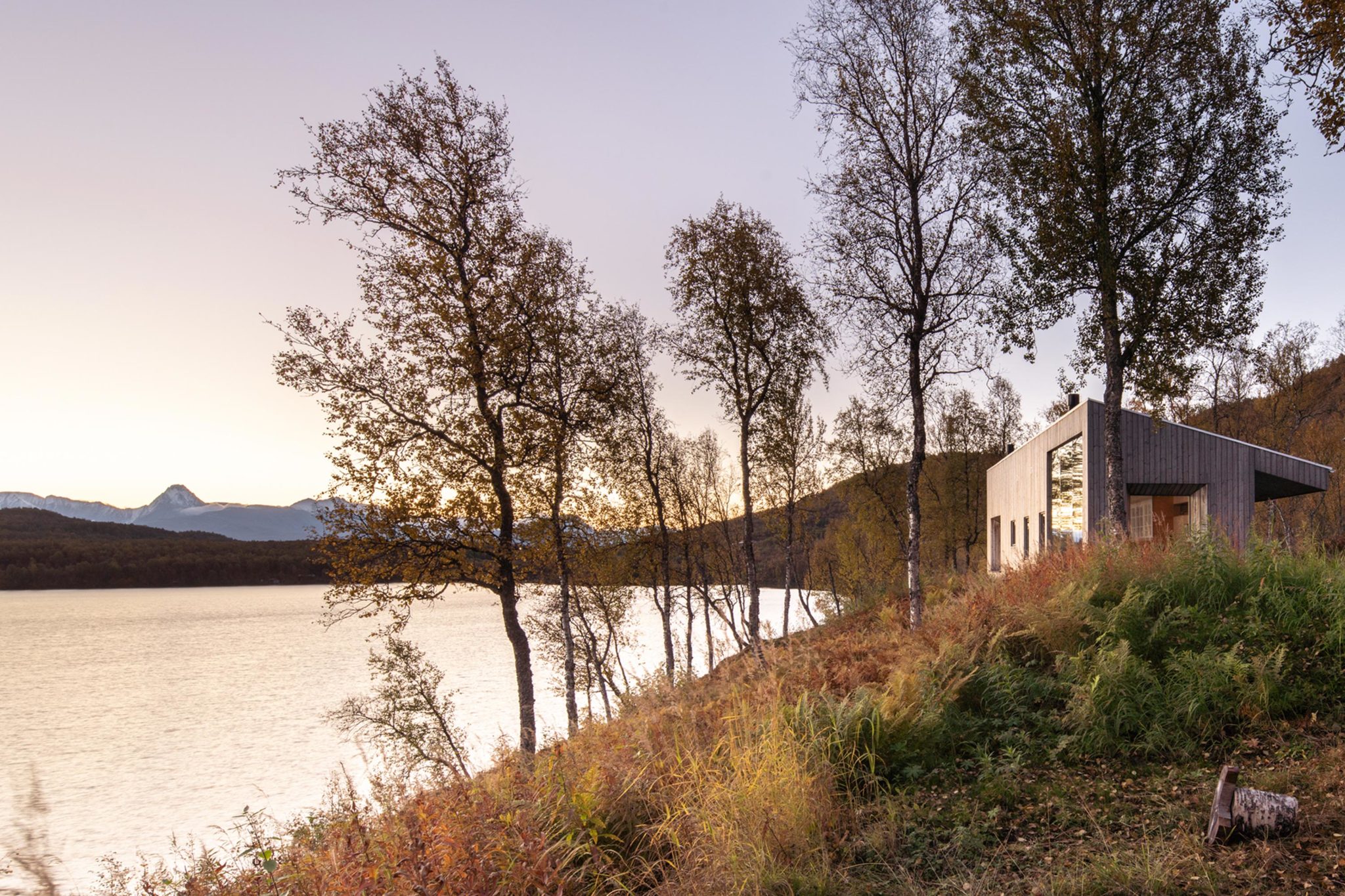 A wooden building with large windows right by the water and surrounded by nature.