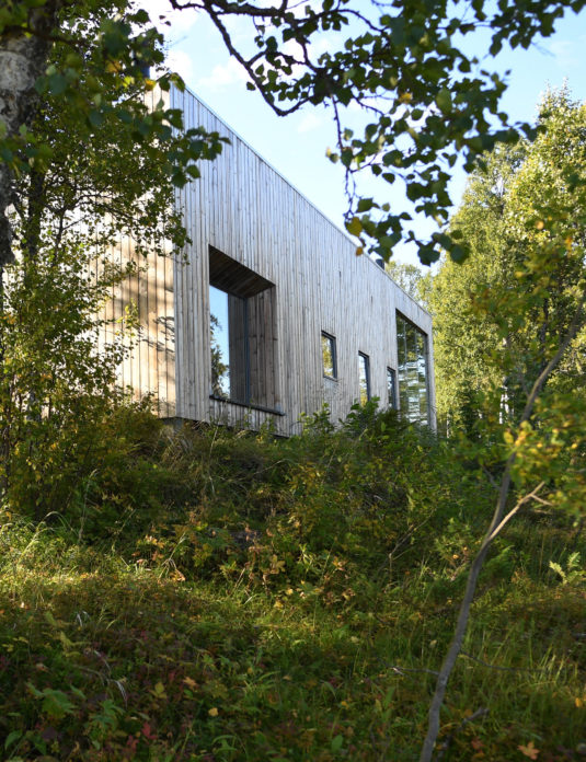 A modern/holistic cabin with large windows located in the midst of the forest, surrounded by nature.