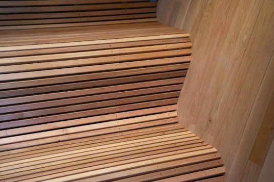 The benches inside a sauna.