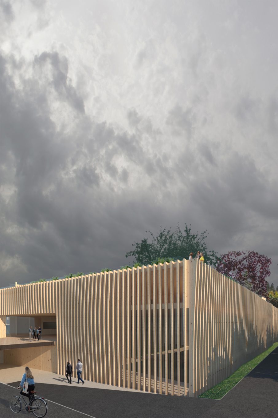 A building adorned with wooden slats, with pedestrians and cyclists outside.